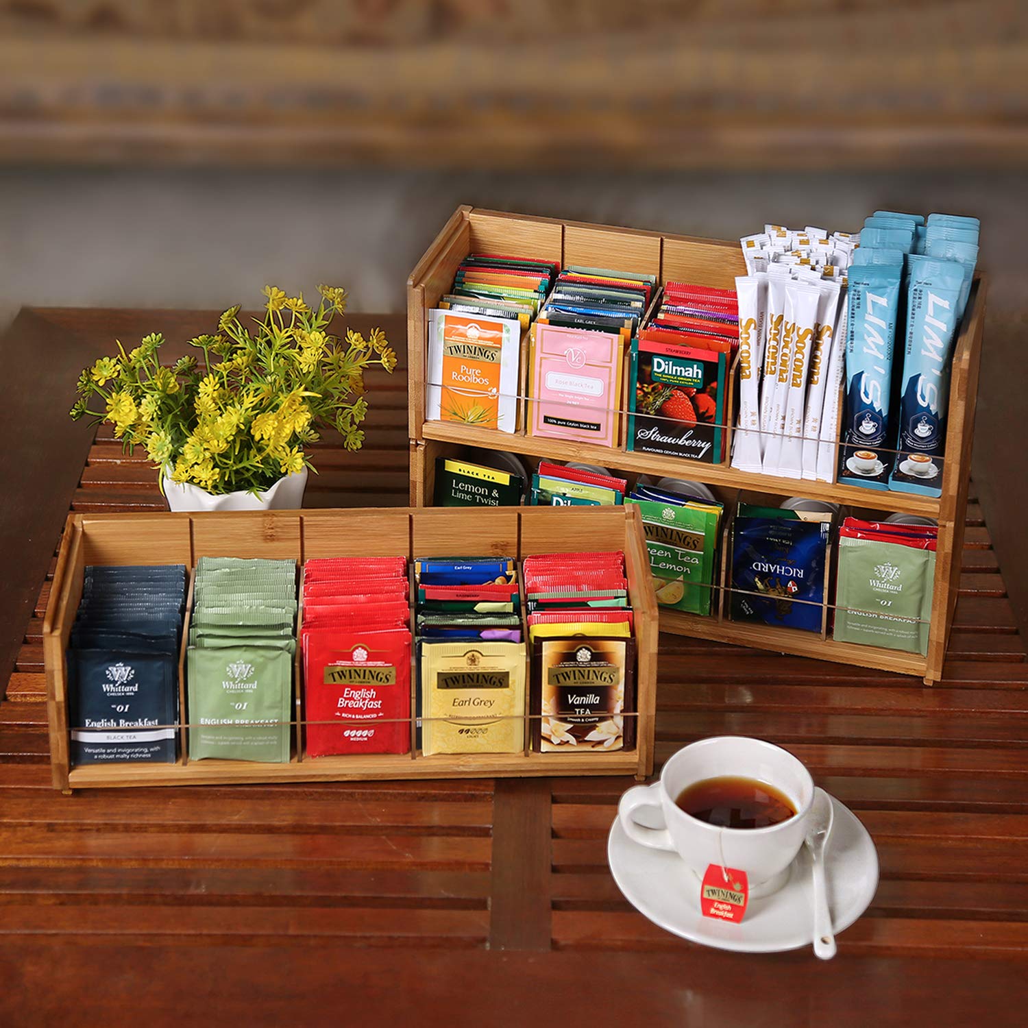 X-Cosrack Bamboo Tea Bag Organizer Storage Box, 3 Tier Stackable Tea Bag Box Natural Wood, Wall Mount Tea Chests With Acrylic Fo